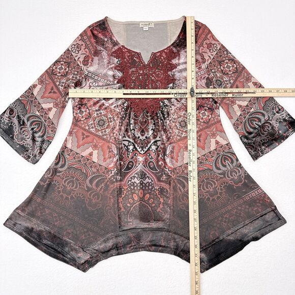 One World Tunic Top Medium‎ Red Blouse Boho Studded Embroidered Floral - Picture 8 of 10